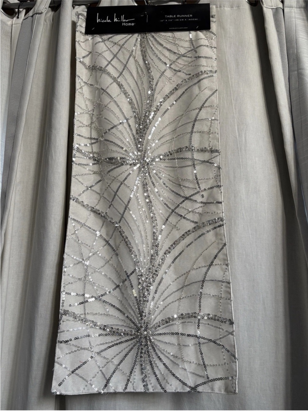 Nicole Miller Ivory Silver Sequin Table Runner Bling Beaded Sparkling 14" X 72"